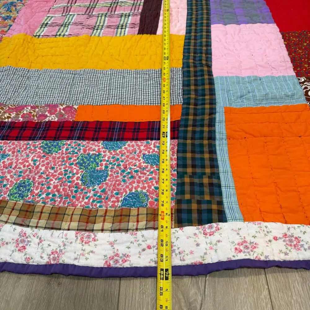 Vintage 70s Crazy Quilt Patchwork hand stitched multicolored 79
